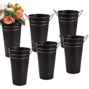 Imagem de Vasos de flores de metal 24 cm com alças, baldes galvanizados, 6 peças para decoração de casa, casa de fazenda rústica, mesa de casamento, vaso de flores