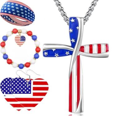 Imagem de Conjunto de joias patrióticas com colar de cruz da bandeira americana, pulseira, brincos e acessório de cabelo, vermelho, branco, azul, Adjustable, Metal, Sem Pedra Preciosa