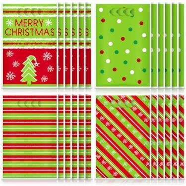 Imagem de Abbylike 60 peças de sacolas de presentes de Natal, lembrancinhas, presentes de plástico, doces e lanches, impressão dupla face com alça para decoração de festa temática vermelha e verde, 4 estilos