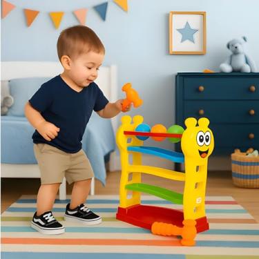 Imagem de Brinquedo Educativo Infantil Girafa, Torre de Bolinhas com Rampa Zig Zag, Plástico, Amarelo e Multicolor, com Martelo, Desenvolvimento Motor, 12+ Meses, 30x34cm, 4 Bolas