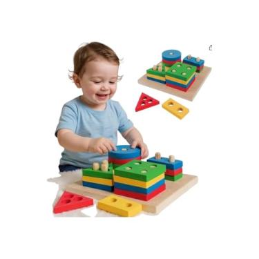 Imagem de Jogo de Blocos Coloridos em Madeira, 17 Peças, Multicolorido, Base com Pinos, 11,5x11,5x4,5cm, para Desenvolvimento Infantil e Coordenação Motora, 3+ Anos