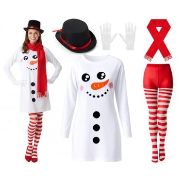 Imagem de Hillban Conjunto de fantasia feminina de boneco de neve de Natal, vestido de inverno, cachecol, chapéu, luva, meia-calça listrada para festa de dramatização (GG)