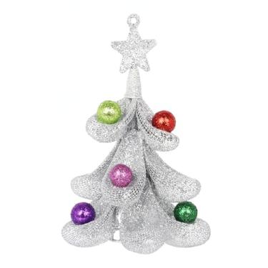 Imagem de XMIAOX Mini árvore de Natal de metal, enfeite de mesa de malha de arame feito à mão de 15 cm com topo de árvore de estrela e bolas coloridas de glitter, decoração de férias cintilante para mesa
