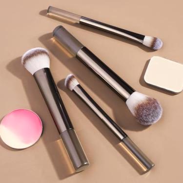 Imagem de Conjunto de pincéis de maquiagem de 4 peças feito de fibras sintéticas macias 100% veganas para blush, contorno e sombra (café)