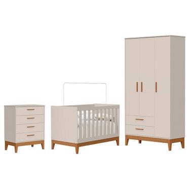 Imagem de Dormitório Infantil Flip Guarda Roupa 3 Portas, Cômoda 4 Gavetas E Berço Areia Fosco - Reller Móveis Areia Fosco