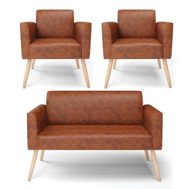 Imagem de Sofá Namoradeira Com 2 Poltronas Pés Palito Natural Marisa Corano D03 - D\'rossi Cor Nozes