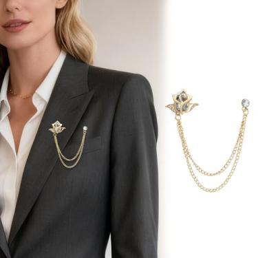 Imagem de Corrente banhada a ouro prata cristal rosa broches colar pinos strass com corrente pendurada terno camisa broche lapela broche jóias moda para homens mulheres, Medium, Cristal, Cristal