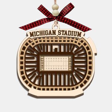 Imagem de CoCray66 Ornamento de madeira do estádio Ann Arbor, enfeite de árvore de Natal de madeira de 4 camadas do estádio de futebol universitário com laço vermelho e contas, presente de lembrança de viagem
