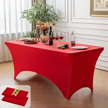 Imagem de FOLINS&HOME Pacote com 2 toalhas de mesa retangulares vermelhas de 1,8 m com elástico, capa de mesa lavável de elastano resistente à água para mesas de 1,8 m, toalha de mesa elástica para casamentos