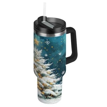 Imagem de Blueangle Copo de árvore de Natal de flocos de neve de 1,134 g com alça e tampa de palha, caneca de viagem de aço inoxidável isolada a vácuo de parede dupla, garrafa de água reutilizável para academia
