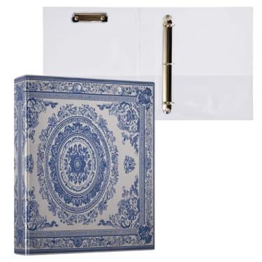 Imagem de Blueangle Fichário de 3 anéis estilo porcelana azul e branca com prancheta e 2 bolsos - Organizador de documentos decorativos de 3 cm para escritório, suprimentos para reuniões (294)
