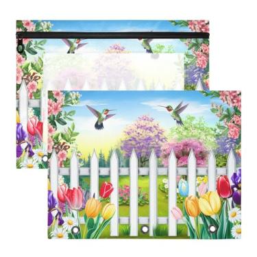 Imagem de SEHANY Pasta de lápis de flores de jardim com 3 anéis - bolsa de documentos com zíper tamanho A4 com janela transparente para sala de aula, escritório, 2 peças