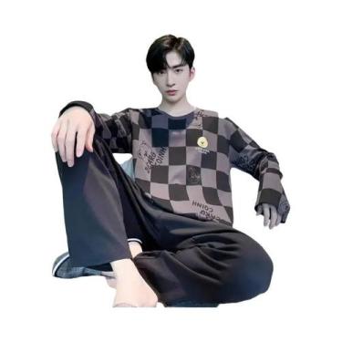 Imagem de Conjunto De Pijamas Masculinos De Manga Longa Em Xadrez Para Outono E 