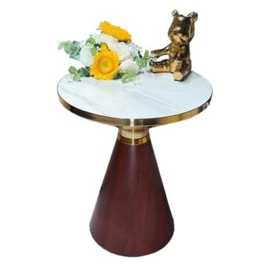 Imagem de Mesas laterais redondas para sala de estar, mesa lateral de sofá com acabamento de textura de madeira de aço inoxidável para pequenos espaços, quarto, sofá, varandas E