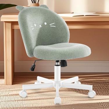 Imagem de Morkprism Cadeira Vanity com encosto de gato, cadeira de mesa sem braços, linda cadeira de escritório pequena, cadeira de computador de tecido de pelúcia com altura ajustável, inclinação de 120°
