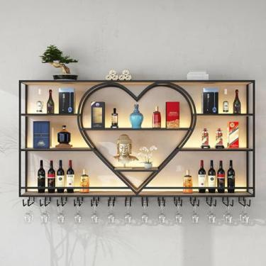 Imagem de HGTRH Rack de vinho montado na parede com suporte de vidro, rack de vinho de barra de ferro com luz LED, exibição de armazenamento multifuncional prateleira de garrafa de vinho, suporte de parede de