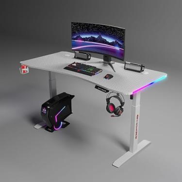 Imagem de Mesa de pé com altura ajustável com luzes, altura ajustável, mesa de trabalho de computador, mesa de escritório em casa com 3 funções de memória para trabalho e jogos