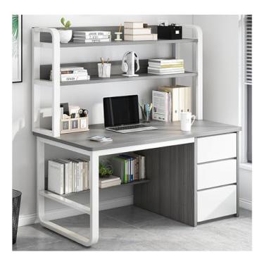 Imagem de Mesa de computador com estante de livros, mesa de canto com 3 prateleiras moderna mesa de escritório para escritório em casa mesa de trabalho industrial em casa escritório mesa de jogos mesa de estudo