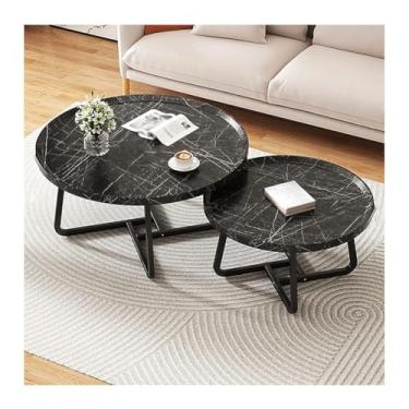 Imagem de HGTRH Mesas de encaixe redondas para sala de estar, conjunto de 2 mesas de centro modernas com suporte de aço carbono HDF empilhável para apartamento, sala de estar, quarto, varanda, preto, 60 cm + 80