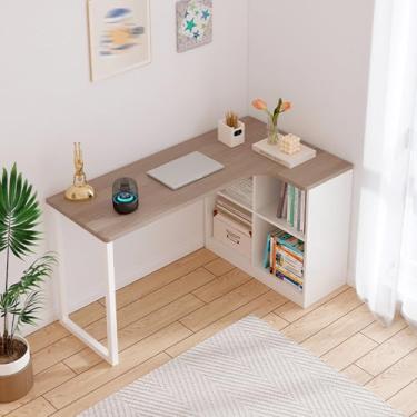 Imagem de Mesa infantil em forma de L com armazenamento, mesa de canto para crianças com espaço pequeno, mesa de estudo e mesa de escrita, canto em forma de L, escritório, escritório, laptop, mesa de trabalho