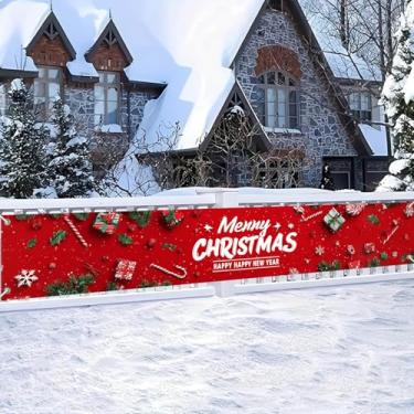 Imagem de HOMETITUTE Feliz Natal, faixa de feliz ano novo, 395 x 50 cm, caixa de presente de doces vermelhos, pano de fundo, decorações de Natal para cerca, quintal, varanda, festa, pendurar na parede, férias