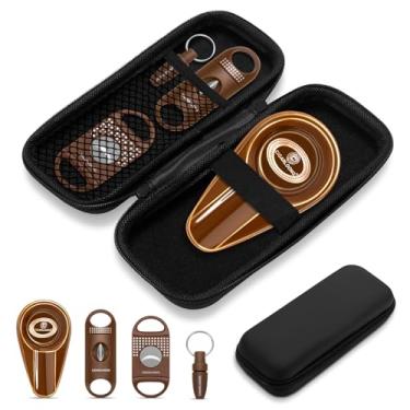 Imagem de Conjunto portátil de acessórios para charutos, caixa de charuto/umidificador 4 em 1 - cortador de corte V, cortador reto, furador, cinzeiro de cerâmica com bolsa de acessórios, kit de ferramentas de