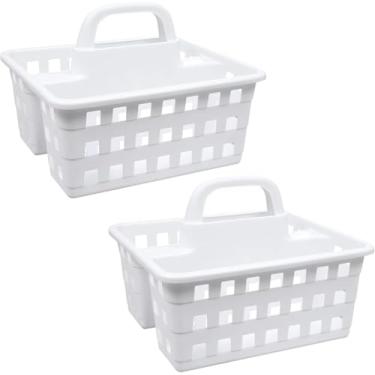 Imagem de Caddies de plástico divididos de 3 compartimentos com alça 25,4 x 22,2 x 19 cm, organizador de contêiner reutilizável portátil para escritório em casa, conjunto de 2 (branco)
