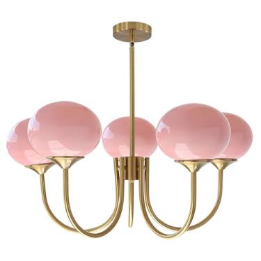 Imagem de Lustre Sputnik moderno com 5 lâmpadas douradas e formato de globo, em tons de rosa, ideal para sala de jantar, sala de estar e quarto infantil.