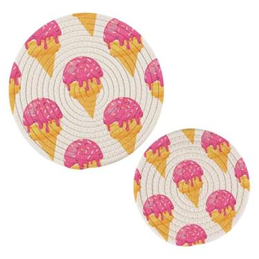 Imagem de Wassud Trivet de sorvete Doodle para pratos quentes, suportes de panela redondos de algodão, almofadas quentes, porta-copos elegantes, decoração de cozinha e acessórios, 2 peças