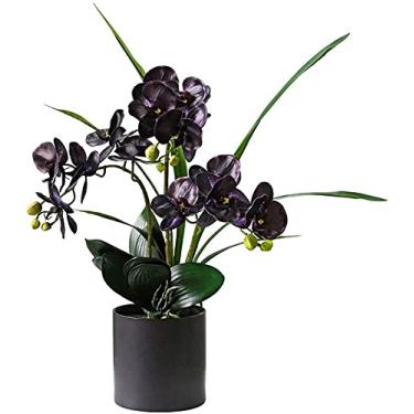Imagem de LMJYU Arranjo de flores artificiais Phalaenopsis falsas, bonsai de orquídea artificial em vaso, planta de flor artificial para decoração de peça central flores falsas