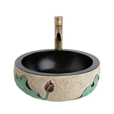 Imagem de Lavatório de cerâmica de arte criativa pia de banheiro redonda varanda bancada pia de lavatório acima do balcão lavatório de xampu