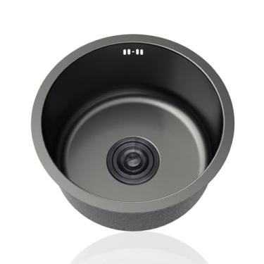 Imagem de PVXMQFFA Pia de cozinha pequena redonda, pia de aço inoxidável 304 preta, mini pia de caravana de tigela única com encaixes de escorredor e transbordamento para bar, restaurante, montagem inferior e