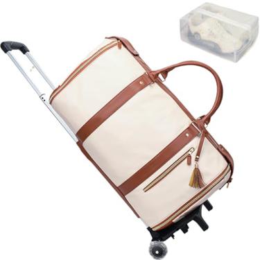 Imagem de Bolsa de viagem para viagem, bolsa de roupa de mão para pendurar com bolsa de sapatos, bolsa de couro PU dobrável sem rugas para mulheres e homens, Tipo de carrinho branco, 50L
