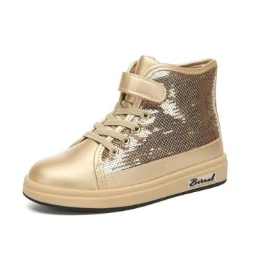 Imagem de Bernal Tênis infantil moderno de cano alto com lantejoulas brilhantes para meninos e meninas, presente de festa, aniversário, Natal, Dia das Bruxas (Bebê/Criança pequena/criança grande), Dourado, 12