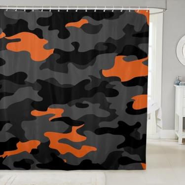 Imagem de ArtfulHome Conjunto de cortina de chuveiro camuflada preta e cinza | Cortina de banho de camuflagem laranja 183 cm L x 182 C, decoração patriótica americana abstrata, acessórios de banheiro vintage
