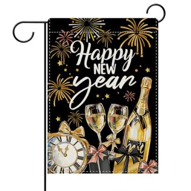 Imagem de Dyrenson Feliz Ano Novo 2026 Bandeira decorativa de jardim, relógio champanhe dourado preto presentes quintal exterior decoração de casa, fogos de artifício de Natal inverno estopa exterior pequena