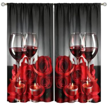 Imagem de Cortinas de vinho e rosa vermelha, decoração romântica vintage floral para meninas, quarto, sala de estar, cozinha, varão, bolso, tratamento de janela, conjunto de 2 painéis, tamanho total 132 cm L x