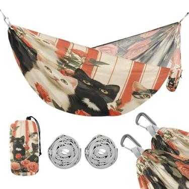 Imagem de JUZIHAI Rede de acampamento para gatos dos namorados, rede individual leve portátil com alças de árvore e mosquetões de alumínio, rede de viagem de 289 x 137 cm para caminhadas, mochilão na praia