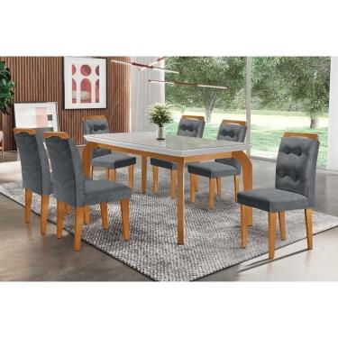 Imagem de Conjunto Mesa Sala Jantar Londrina Tampo Madeirado Com Vidro 180x90cm E 6 Cadeiras Imperatriz Imbuia Grafite Rufato
