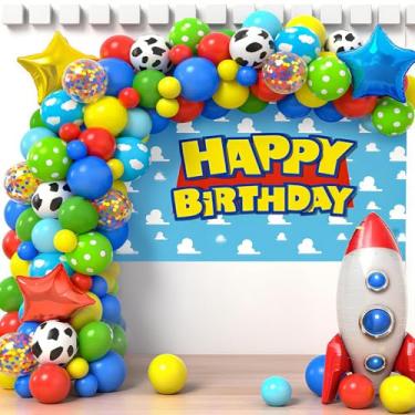 Imagem de Artigos de decoração de festa de aniversário inspirados em brinquedos de desenho animado para crianças, meninos, arco de balão com pano de fundo com estampa de vaca balões foguete estrela, jogo de