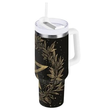 Imagem de ODAWA Copo isolado preto estrela grande com alça e tampa de palha, copo isolado a vácuo com tampa 2 em 1