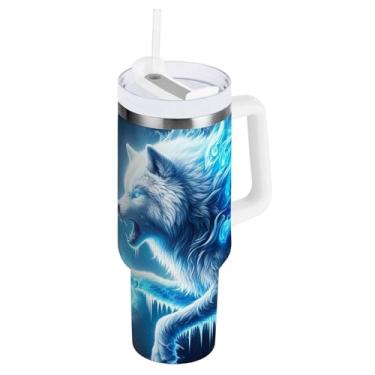 Imagem de Copos de 850 g Fire Ice Wolf Vermelho Azul Duplo Isolamento com Canudo e Alça Copo Isolado de Queda