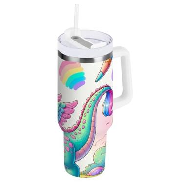 Imagem de ODAWA Copo isolado a vácuo unicórnio arco-íris com alça e palha, copo com isolamento grande