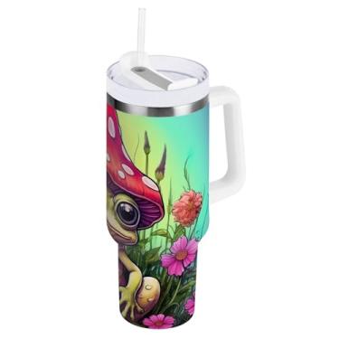 Imagem de Copos com isolamento duplo 1,134 g com alça e palha, cogumelo sapo vermelho viagem copos isolados