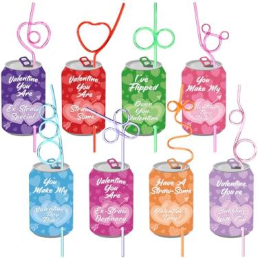 Imagem de SiliFine Conjunto de 96 peças de presentes de dia dos namorados, 48 cartões de troca de cartões de dia dos namorados, 48 canudos dobráveis para festa de troca de namorados (lata de alumínio)