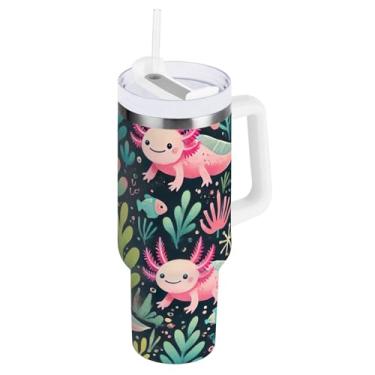Imagem de ODAWA Copo grande à prova de vazamento, copo de aço inoxidável verde fofo Axolotl com alça e tampa de canudo