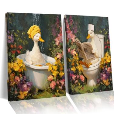 Imagem de Frimeeme 2 peças de arte de parede em tela de pato, botânico de pato na banheira, pinturas de parede florais, para decoração de banheiro 30 x 40 cm