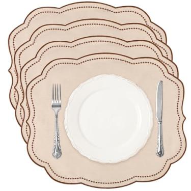 Imagem de Jogo americano de linho de algodão conjunto de 4 - tapetes de mesa de pano bordado de luxo em camadas duplas - feriados, Natal, tapete lavável, 40 x 33 cm (bege)