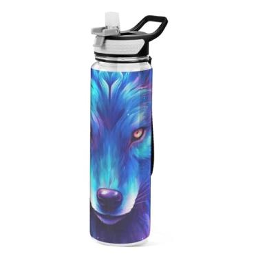 Imagem de ODAWA Garrafa esportiva Blue Purple Wolf de 940 ml com canudo e alça, jarro de água Tritan transparente de 1 litro