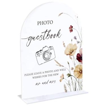 Imagem de CRASPIRE Placa de memorial de casamento com foto de livro de convidados branco 15 x 19,8 cm decorações de mesa de recepção de casamento suporte de mesa de acrílico arqueado com base para decoração de